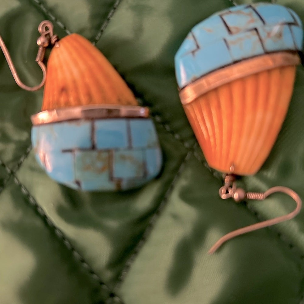 Highly Unusual Turquoise Pierced Earrings Hand Tooled